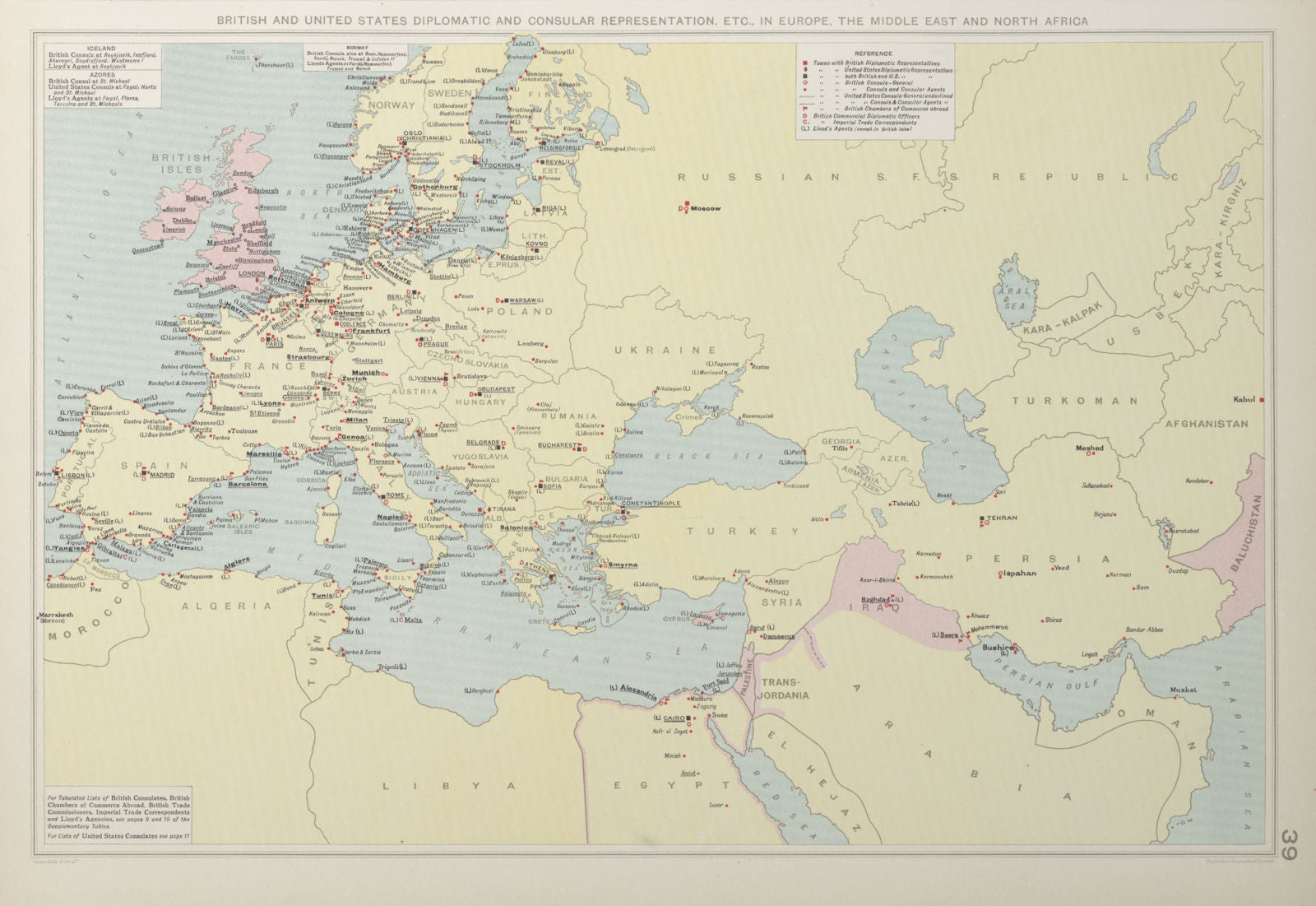 British & American Diplomatic Representation Europe Middle East Maghreb 1927 map